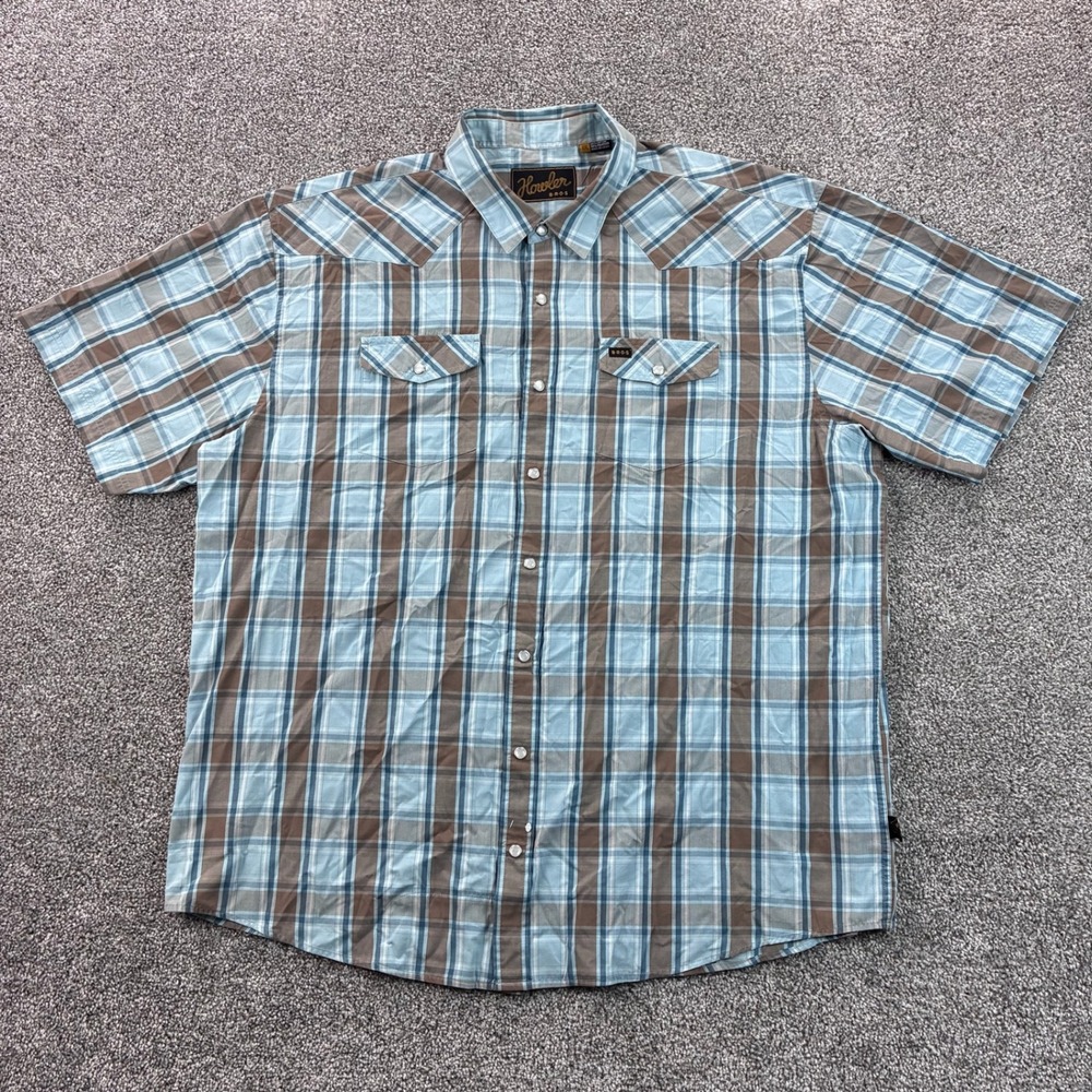 Howler Bros Western Shirt Mens 2XL Blue‎ Plaid Pearl Snap Rancher Short Sleeve